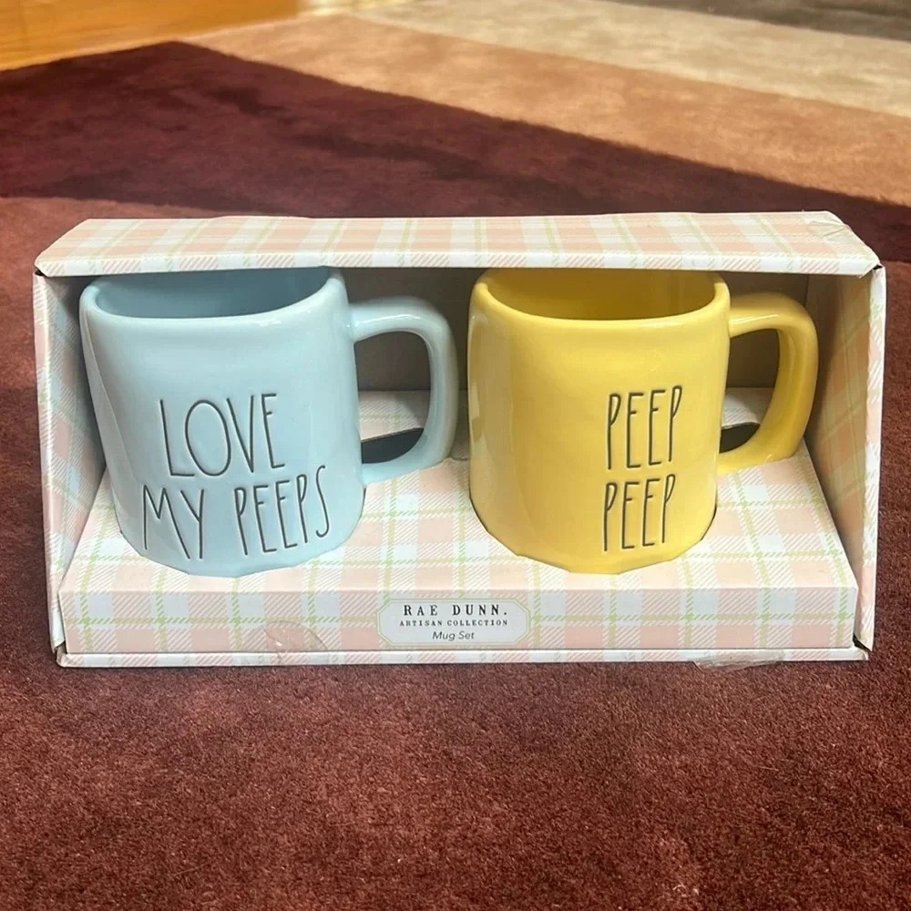 NEW RAE DUNN Love My Peeps Peep Peep Easter Spring Mug Set Blue Yellow Gift